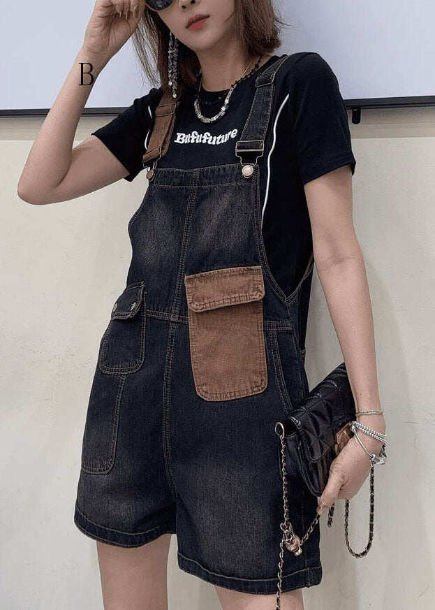 Women Pockets Patchwork Loose Denim Jumpsuits Summer
