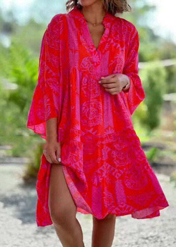 Bohemian Red V Neck Print Maxi Dress Spring
