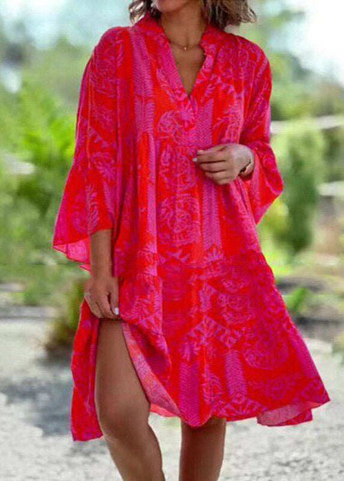 Bohemian Red V Neck Print Maxi Dress Spring