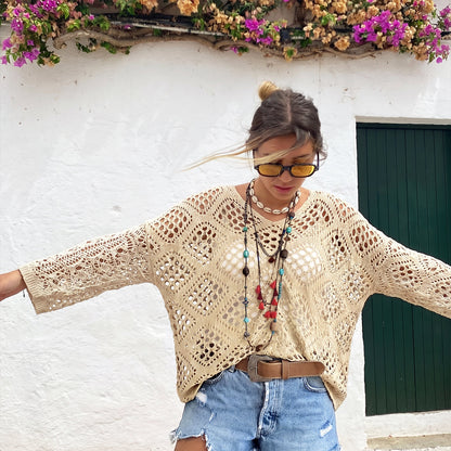 Final Sale🔥 Inspired Beige Crochet Top with V-Neck