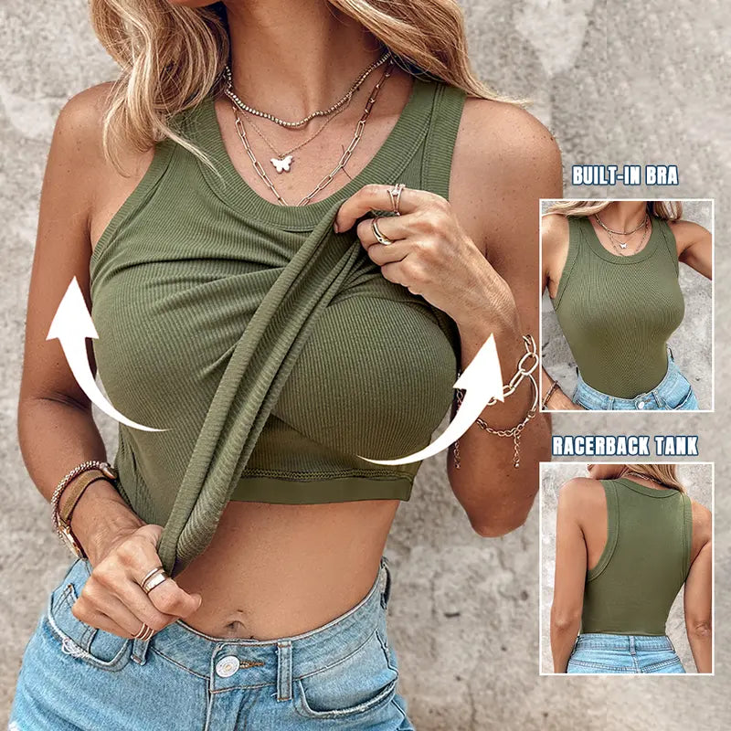 🔥 LAST DAY PROMOTION🍃Women’s Ribbed Tank Top with Built-In Bra – Soft, Stretchy & Supportive