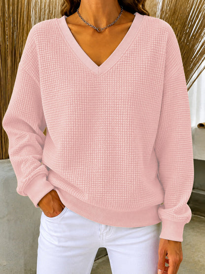 CLEARANCE SALE🔥Women's V‑Neck Waffle Knit Sweatshirt, Loose Long Sleeve Casual Blouse