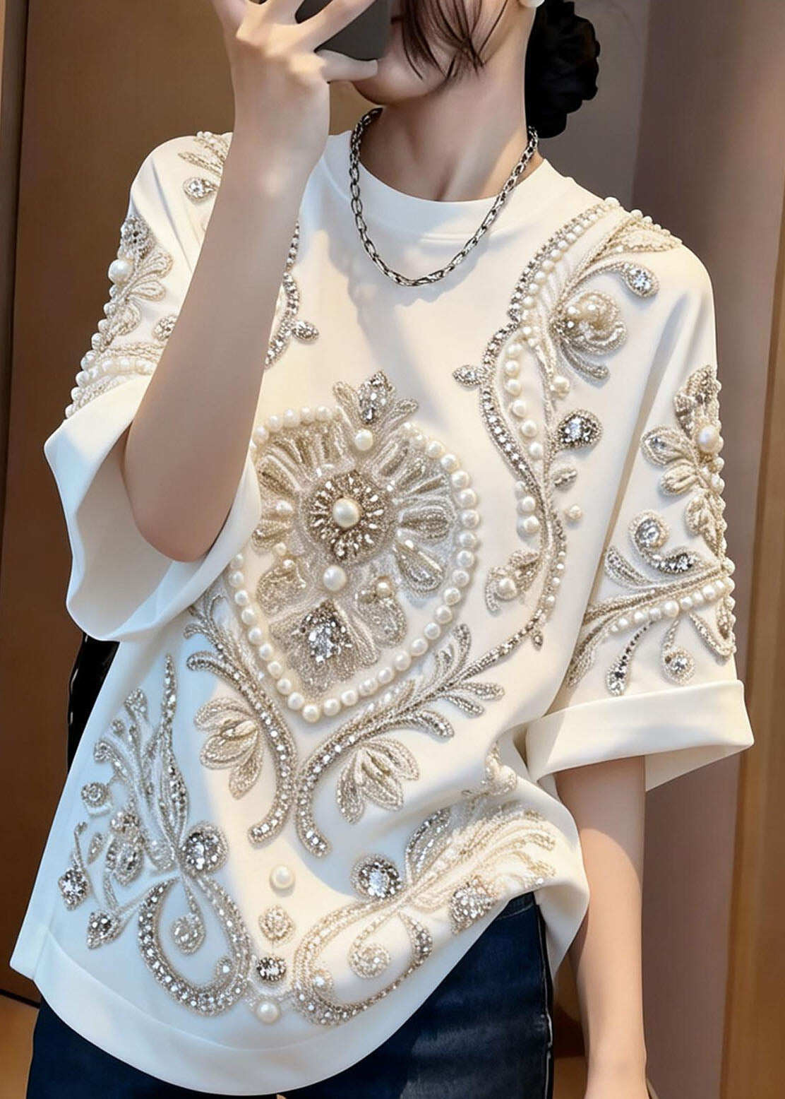 Stylish White O Neck Handmade Nail Bead Cotton T Shirt Summer
