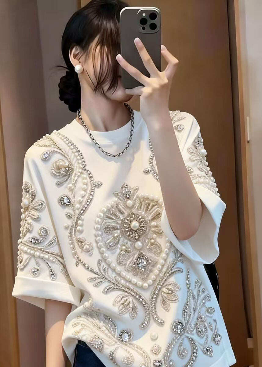 Stylish White O Neck Handmade Nail Bead Cotton T Shirt Summer
