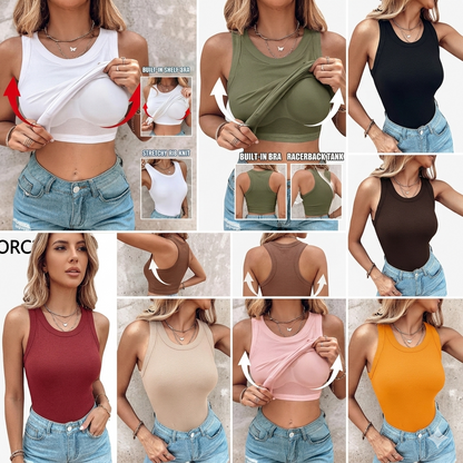 🔥 LAST DAY PROMOTION🍃Women’s Ribbed Tank Top with Built-In Bra – Soft, Stretchy & Supportive