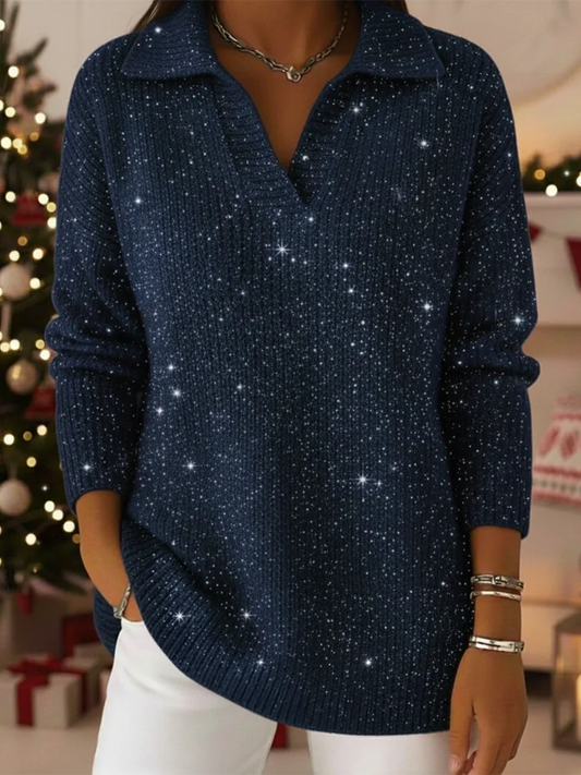 🎁New Arrivals 🔥Christmas Party Polo Collar Shiny Loose Sweater Top