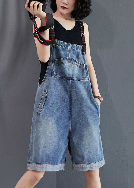 French Blue Pockets Denim Overalls Jumpsuit Summer