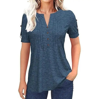 Women’s V Neck T Shirt – Casual Pleated Button Top, Loose Fit Short Sleeve Summer Tee