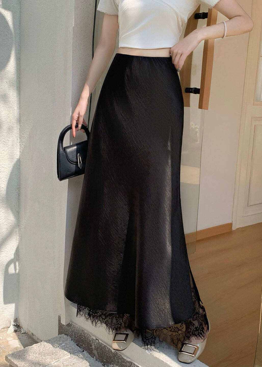 French Champagne Lace Patchwork Silk Skirt Summer