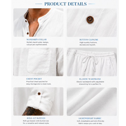 Men's Linen Stand Collar Long Sleeve Button Shirt & Straight Leg Belted Pants Set