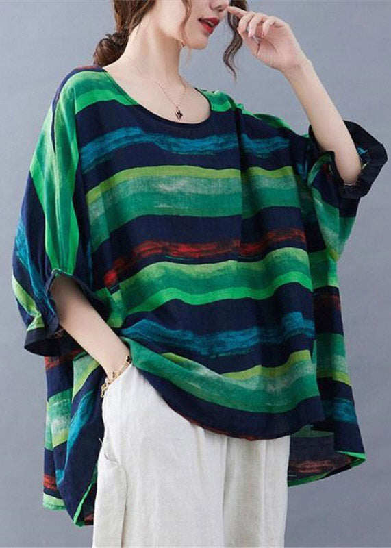 Women Green Striped Low High Design Top Summer