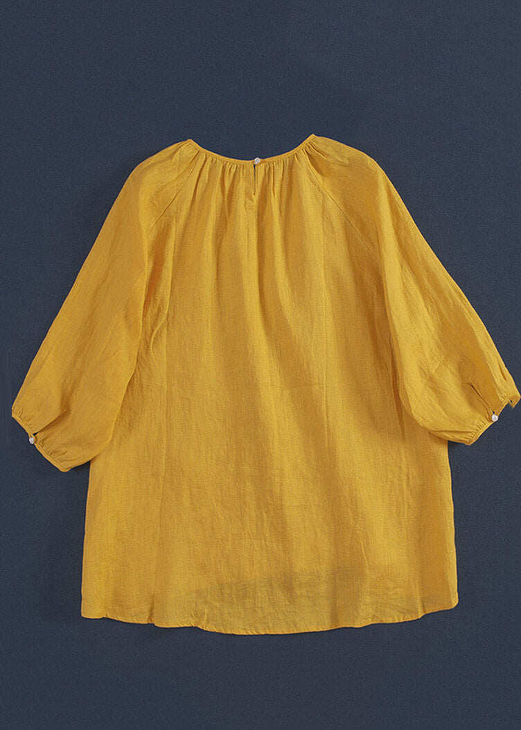 Simple Yellow Embroidered Low High Design T Shirt Three Quarter Sleeve