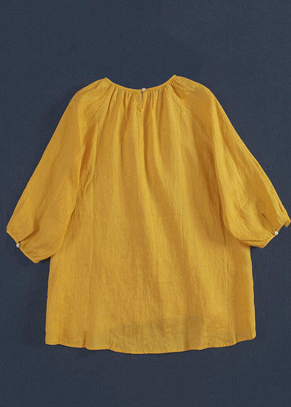Simple Yellow Embroidered Low High Design T Shirt Three Quarter Sleeve