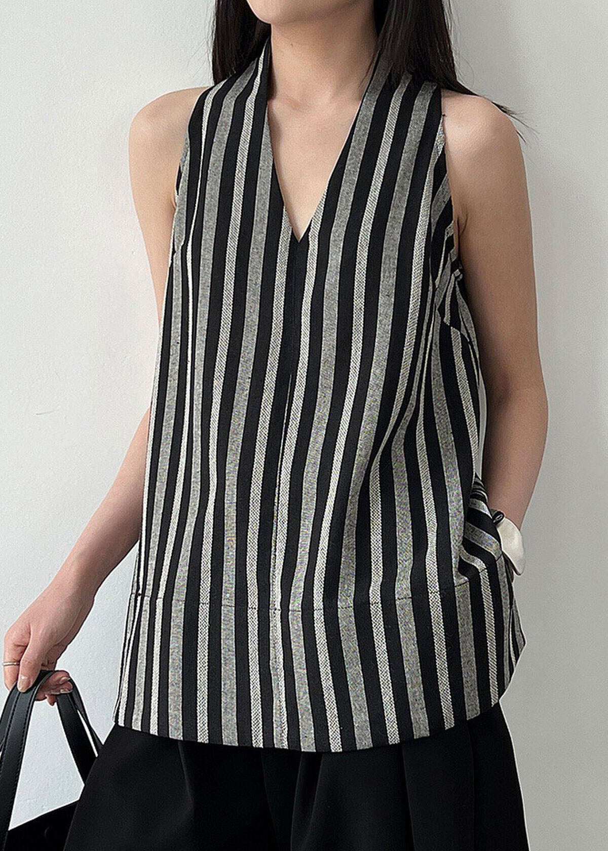 Women Black V Neck Striped Cotton Top Sleeveless