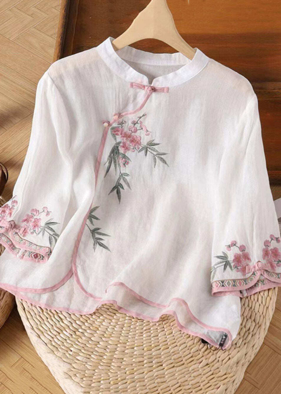 Cute Pink Stand Collar Embroidered Patchwork Shirt Three Quarter Sleeve
