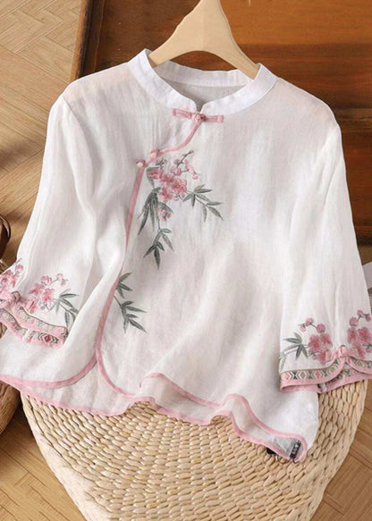 Cute Pink Stand Collar Embroidered Patchwork Shirt Three Quarter Sleeve