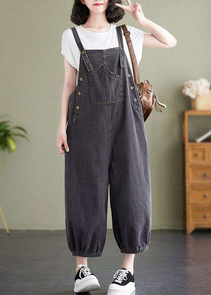 Black Pockets Patchwork Denim Overalls Jumpsuit Summer