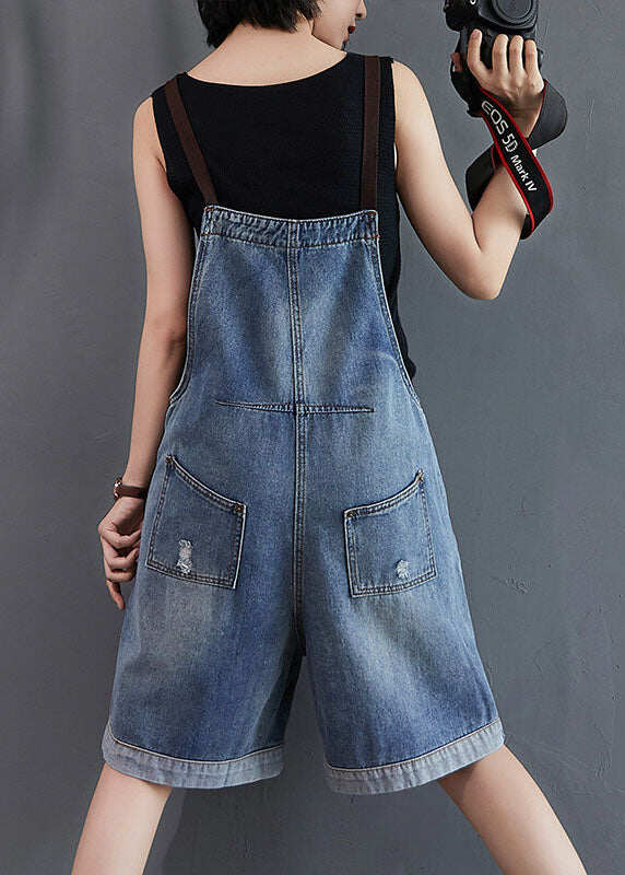 French Blue Pockets Denim Overalls Jumpsuit Summer