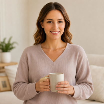 CLEARANCE SALE🔥Women's V‑Neck Waffle Knit Sweatshirt, Loose Long Sleeve Casual Blouse