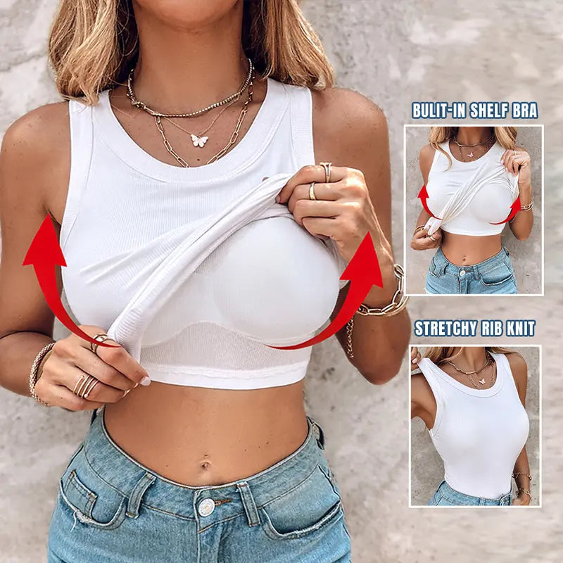 🔥 LAST DAY PROMOTION🍃Women’s Ribbed Tank Top with Built-In Bra – Soft, Stretchy & Supportive