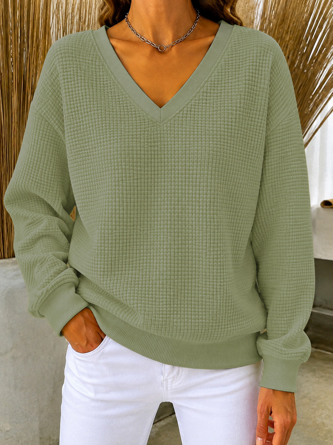 CLEARANCE SALE🔥Women's V‑Neck Waffle Knit Sweatshirt, Loose Long Sleeve Casual Blouse