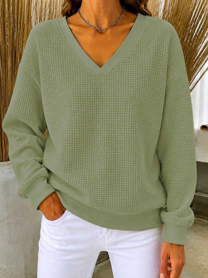 CLEARANCE SALE🔥Women's V‑Neck Waffle Knit Sweatshirt, Loose Long Sleeve Casual Blouse