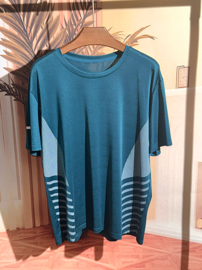 Men's Quick-Drying Breathable Color-Blocked Sports Short-Sleeve T-Shirt, Printed Mesh Fabric