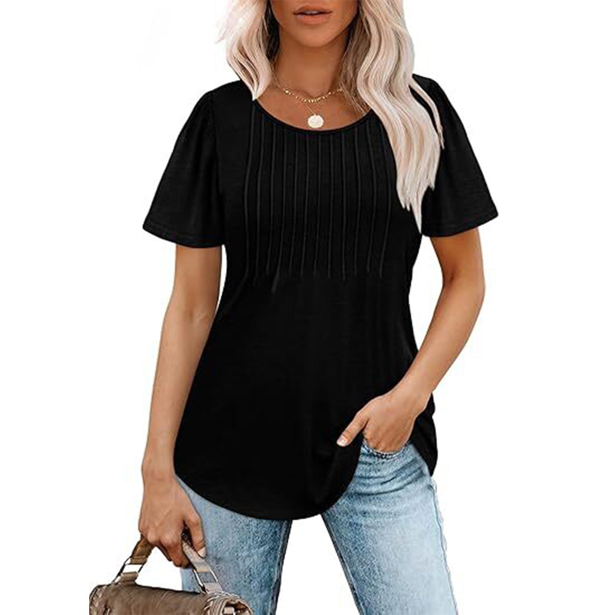 🔥Last Day Promotion🔥Womens T Shirts Short Sleeve Pleated Dressy Casual Scooped Neck Summer Tops Blouses