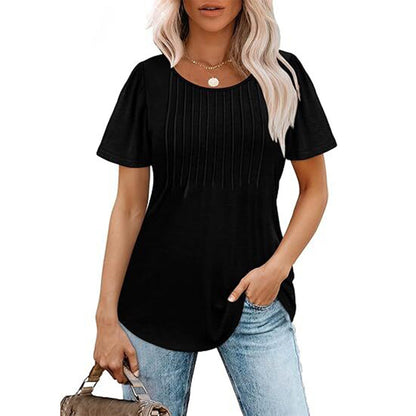 🔥Last Day Promotion🔥Womens T Shirts Short Sleeve Pleated Dressy Casual Scooped Neck Summer Tops Blouses
