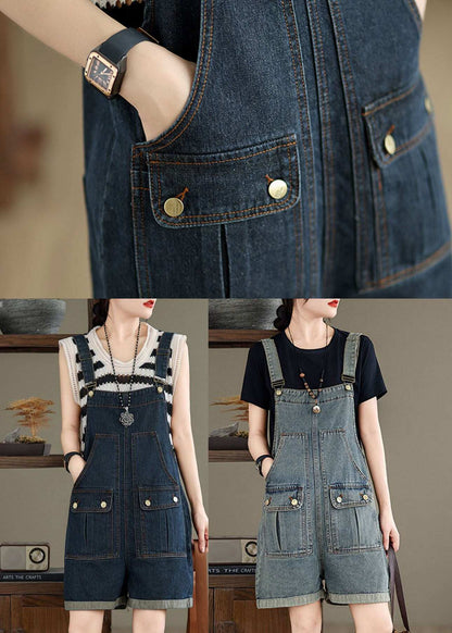 Women Navy Pockets Denim Overalls Jumpsuit Summer