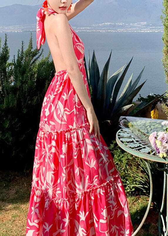 Fashion Red Patchwork Halter Wrinkled Maxi Beach Dress Sleeveless