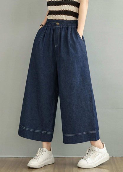 Loose Blue Pockets Elastic Waist Denim Crop Pants Spring