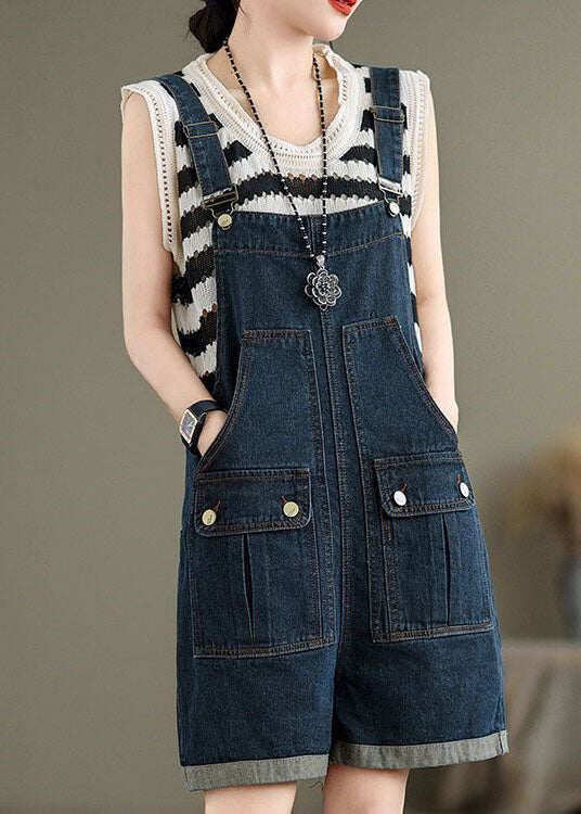 Women Navy Pockets Denim Overalls Jumpsuit Summer