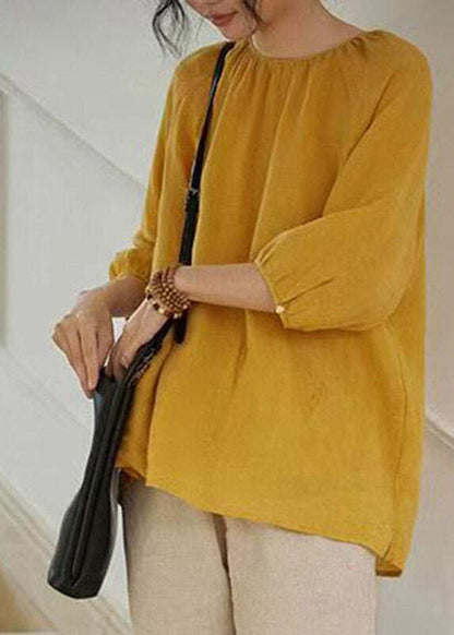 Elegant Yellow O-Neck Embroidered Patchwork Solid Linen Shirt Spring