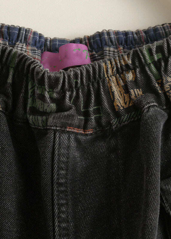 Vintage Black Pockets Graphic Print Denim Harem Pants Spring