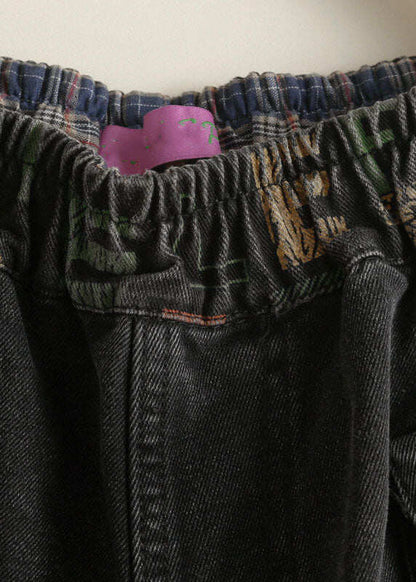 Vintage Black Pockets Graphic Print Denim Harem Pants Spring