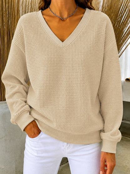 CLEARANCE SALE🔥Women's V‑Neck Waffle Knit Sweatshirt, Loose Long Sleeve Casual Blouse