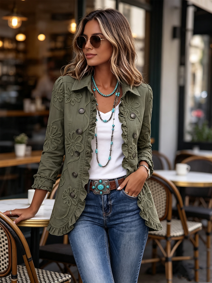 💝💝Boho-Chic Floral Embroidered Utility Ruffled Trim Jacket