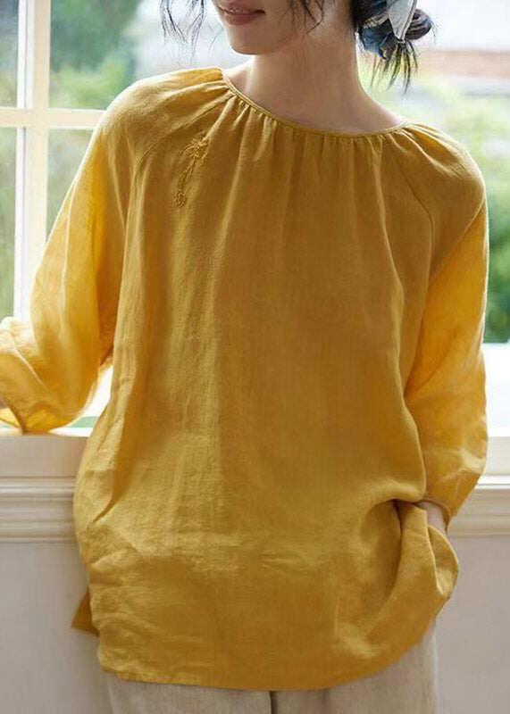Elegant Yellow O-Neck Embroidered Patchwork Solid Linen Shirt Spring