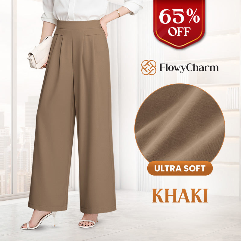 FlowyCharm - Drapey Soft Elegant High-Waisted Wide-Leg Pants