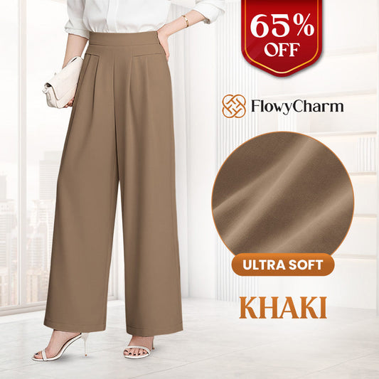 FlowyCharm - Drapey Soft Elegant High-Waisted Wide-Leg Pants