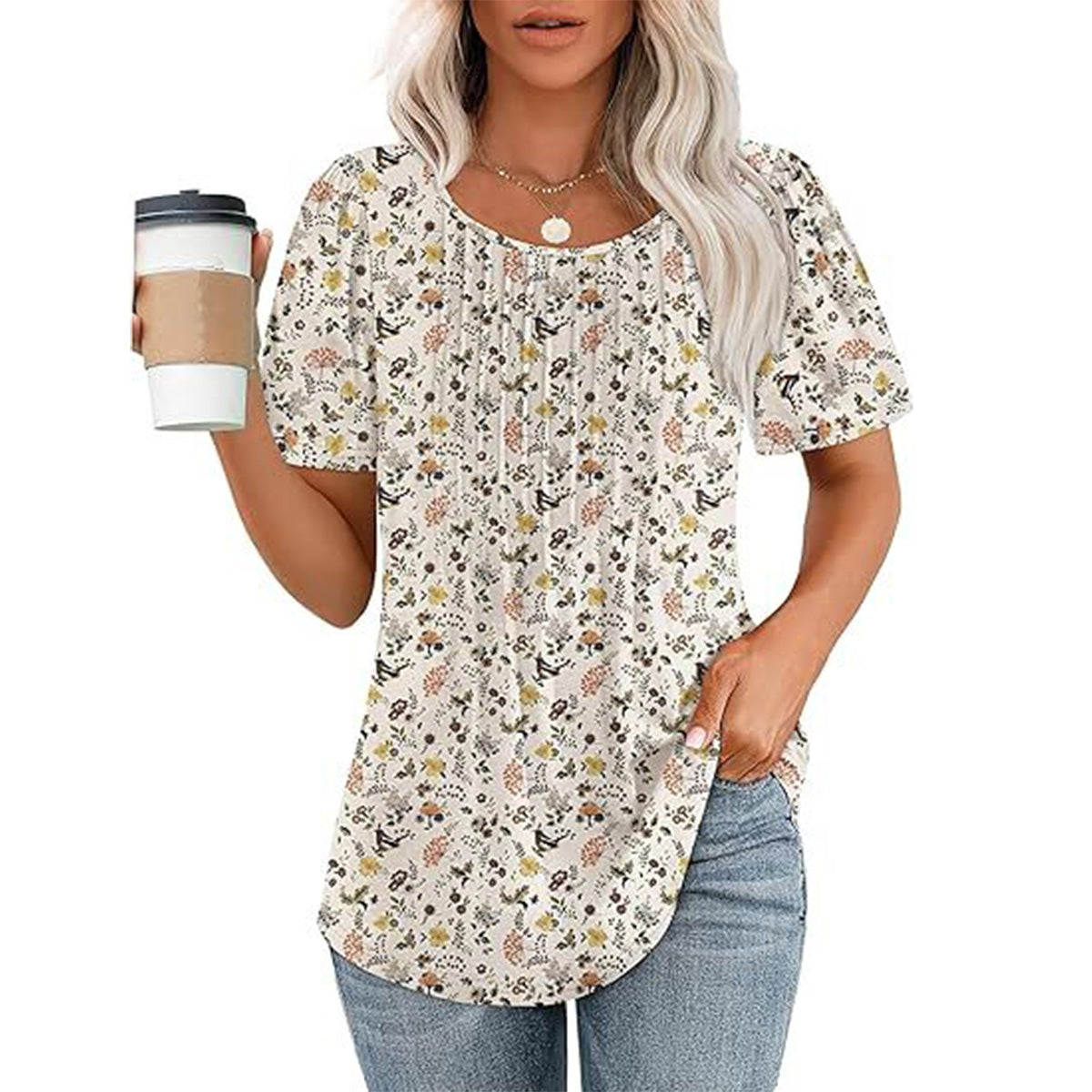 🔥Last Day Promotion🔥Womens T Shirts Short Sleeve Pleated Dressy Casual Scooped Neck Summer Tops Blouses