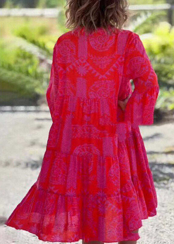 Bohemian Red V Neck Print Maxi Dress Spring