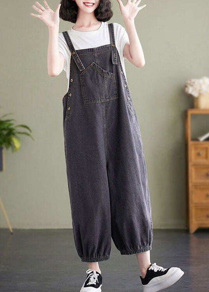 Black Pockets Patchwork Denim Overalls Jumpsuit Summer