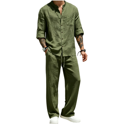 💝💝Men's Linen Stand Collar Long Sleeve Button Shirt & Straight Leg Belted Pants Set