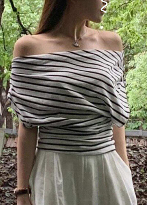 Slim Fit Black White Striped Slash Neck T Shirt Short Sleeve