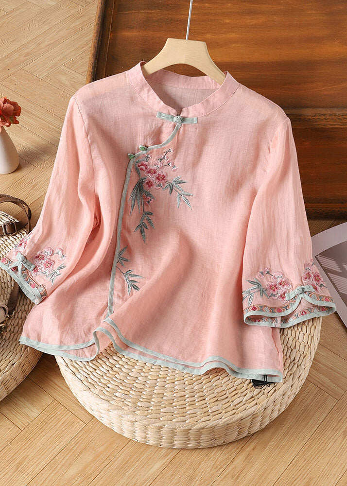 Chinese Style Apricot Stand Collar Embroidered Tops Spring