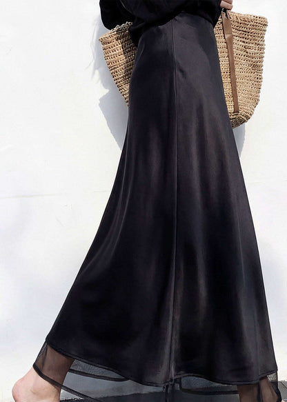 Italian Black Patchwork High Waist Silk Skirt Spring