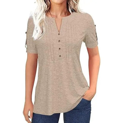 Women’s V Neck T Shirt – Casual Pleated Button Top, Loose Fit Short Sleeve Summer Tee
