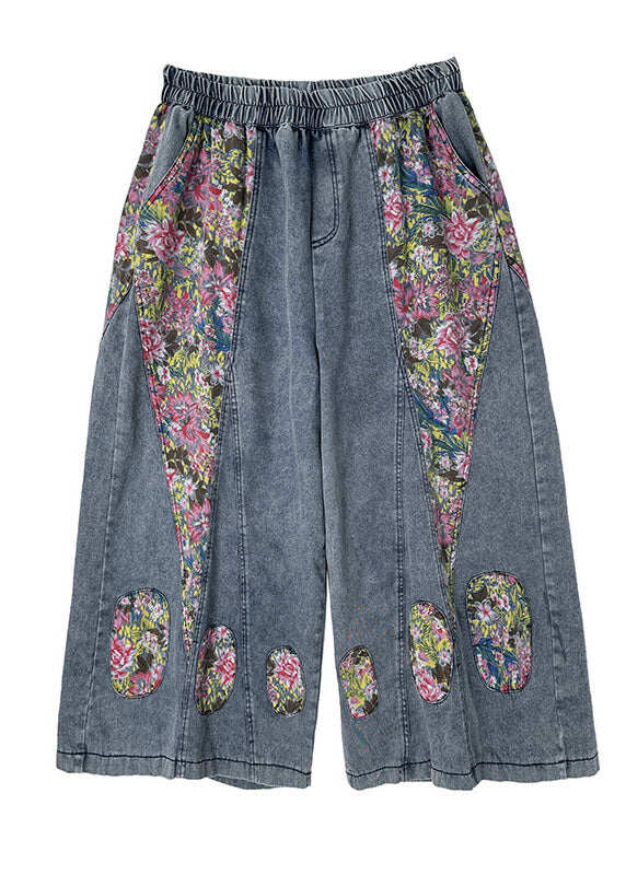 Casual Blue Pockets Print Elastic Waist Denim Crop Wide Leg Pants Summer